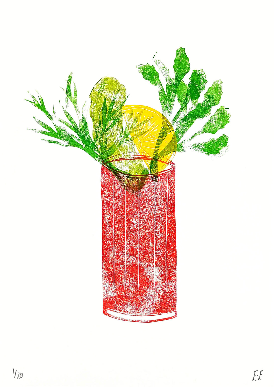 Art School x Ellie Edwards x Morty and Bob's Kensal Rise collaboration linocut series, Bloody Mary Cocktail
