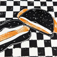 Art School x Ellie Edwards x Morty and Bob's Kensal Rise collaboration linocut series, Lox Bagel detail