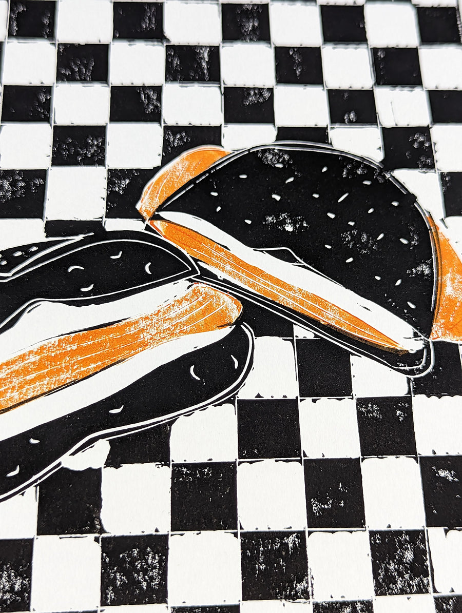 Art School x Ellie Edwards x Morty and Bob's Kensal Rise collaboration linocut series, Lox Bagel detail