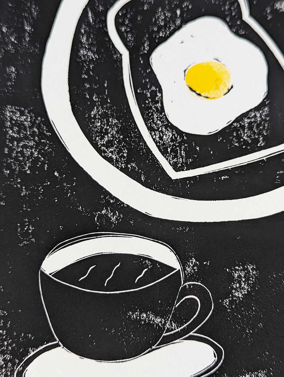 Art School x Ellie Edwards x Morty and Bob's Kensal Rise collaboration linocut series, A cup of Joe and Eggs breakfast scene detail
