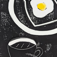 Art School x Ellie Edwards x Morty and Bob's Kensal Rise collaboration linocut series, A cup of Joe and Eggs breakfast scene detail